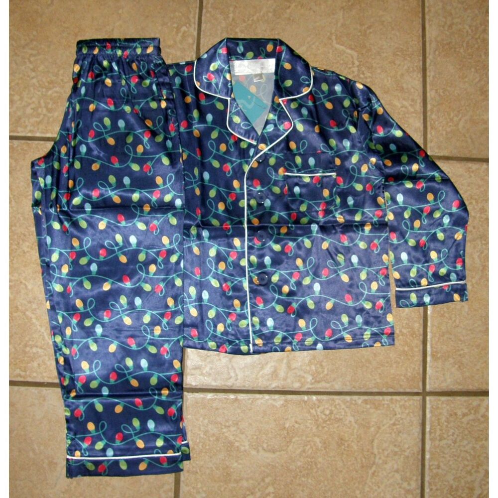 NEW Boy Sz 4 Toddler Holiday Christmas Lights Silky Satin 2 Pc Pajama Lounge Set